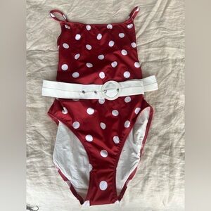 NWT Size Lg, Orange Polka Dot One-Piece swimsuit with White Belt